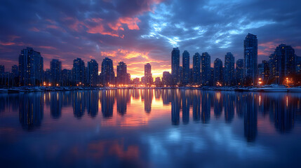 Fototapeta premium A vibrant city skyline reflecting in a calm lake with dramatic clouds during sunset.
