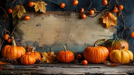 Conceptual with a halloween theme as well as pumpkins and a wooden board