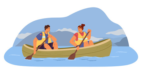 Obraz premium Couple wearing lifejackets canoeing on the lake with foggy mountains at the background flat vector illustration.