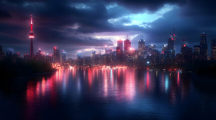 Fototapeta premium A vibrant cityscape at night with a dramatic sky, reflected in the water.