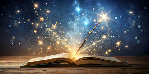 Magic book with a magic wand surrounded by stars, magic, book, wand, stars, fantasy, magical, spell, enchanted, sorcery