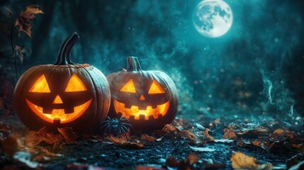 Fototapeta premium Spooky Halloween Pumpkins with Spider and Full Moon