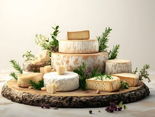 A beautiful cheese display featuring various artisan cheeses on a rustic wooden platter with fresh herbs and natural decor.