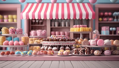 A charming bakery display filled with colorful desserts and sweets, inviting all with its delightful assortment.