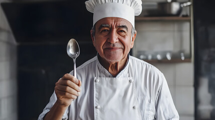 A confident elderly hispanic chef smiles while holding a spoon in a modern kitchen, showcasing his culinary expertise and warmth
