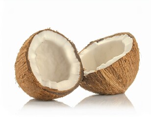 Rough coconut broken half pieces isolated on white background.