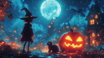 Fototapeta premium Halloween Witch and Black Cat in Spooky Town