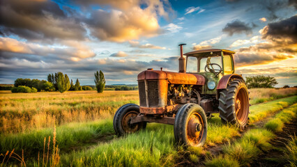 Fototapeta premium Old rusted tractor abandoned in a field, tractor, field, vintage, rusty, agriculture, farm, countryside, equipment, abandoned