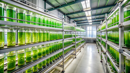Algae farm in a high tech lab producing bio fuel as a sustainable energy source, algae, farm, high tech, lab