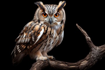 Owl perched on a tree branch at dusk, symbolizing wisdom in the forest