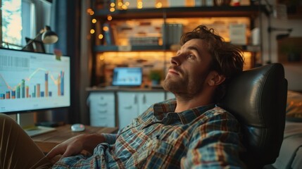 Obraz premium Man relaxing in home office with charts on screen. Cozy atmosphere with bookshelves and fairy lights in background.