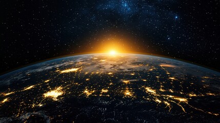 Obraz premium Earth From Space at Night with Sunrise and City Lights