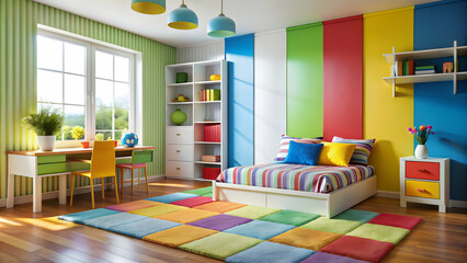 Modern kid room with vibrant colors, clean lines, and whimsical decor , vibrant, modern, kid, room, children, contemporary