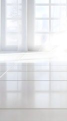 Smooth white ceramic tiles reflect soft light in a bright and airy room, creating a serene and modern atmosphere