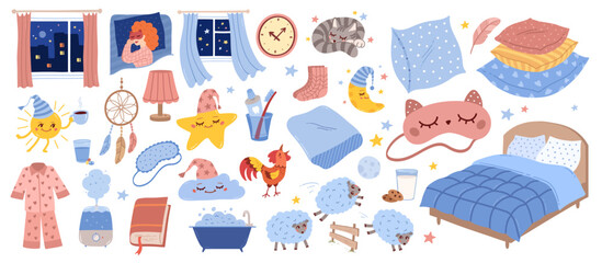 Good night vector hand drawn illustrations set. Bedtime sleeping hygiene objects, characters and accessories