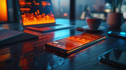 Modern work environment with smartphone, laptop, and coffee cup in neon-lit office showing stock market trading application.