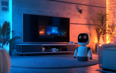A friendly robot sits in a modern living room, watching TV with a warm, inviting atmosphere.