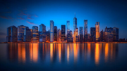 Obraz premium A vibrant cityscape skyline at twilight with illuminated skyscrapers reflecting in the water.