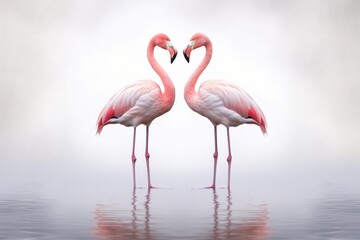 Pair of flamingos standing together in an urban pond, highlighting animals in pairs in unexpected habitats