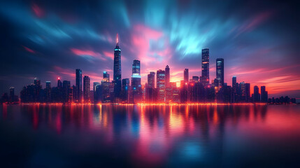 Fototapeta premium A vibrant cityscape skyline bathed in a colorful sunrise, with the city reflected in the water.
