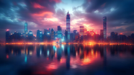 Fototapeta premium A vibrant cityscape skyline illuminated by a colorful sunset, with a reflective waterfront.