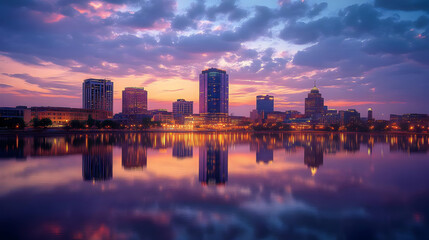 A vibrant cityscape skyline reflected in a calm lake at sunrise with a colorful sky.