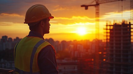 Construction Worker Silhouetted Against Sunset Over Cityscape