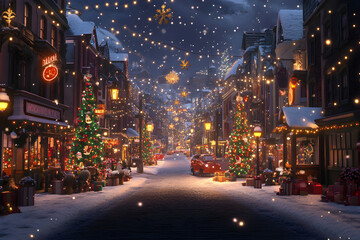 Fototapeta premium Festive street with Christmas trees and lights at night 
