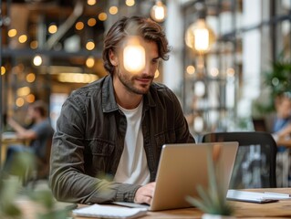 Young professional working on a laptop in a modern cafe, surrounded by warm ambient lighting and focused on his work.
