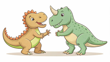 Fototapeta premium Whimsical line drawing of friendly T-Rex and Triceratops playing together , dinosaurs, friends, playful, whimsical
