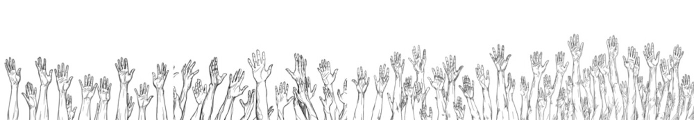 Volunteering hands raised over white background, one line minimalism design, modern concept with raised hands