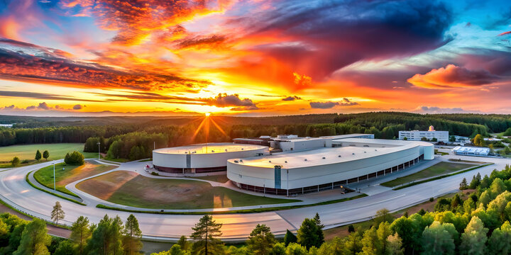Sunset view of the Max IV synchrotron laboratory in Lund, Sweden , science, technology, research, synchrotron, laboratory