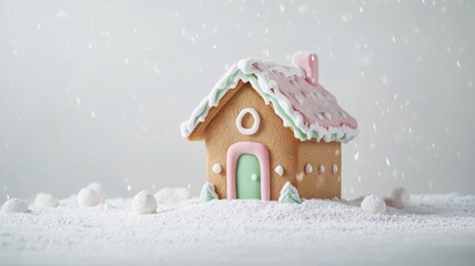 Fototapeta premium Sleek and simple gingerbread house with pastel pink and mint green details, surrounded by powdered sugar on a white background. Gingerbread house, New Year, Christmas