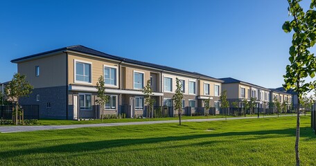 Fototapeta premium An Australian suburb with lots of copy space has a symmetrical row of modern two-storey townhouses in front of a footpath and lawn