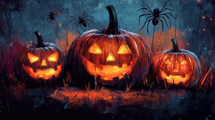 Fototapeta premium Spooky Halloween Jack O Lantern Pumpkins with Spiders and Webs