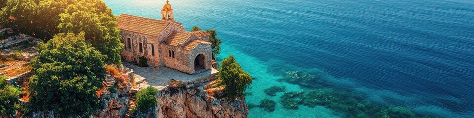 Fototapeta premium Sunlit Latin church on cliff overlooking clear blue sea and verdant plains