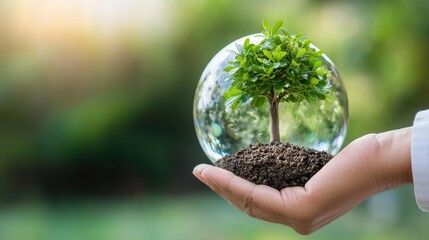 Hand Holding Small Tree in Glass Sphere  Green Background  Environmental Protection  Sustainability Concept