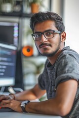 Fototapeta premium Software developer working at a desk in a tech office