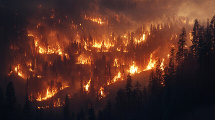 A dramatic visual of wildfires spreading across a forested area, emphasizing climate change effects.A dramatic visual of wildfires spreading across a forested area, emphasizing climate change effects.
