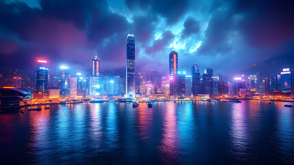 A vibrant cityscape with tall skyscrapers illuminated at night, reflecting in the calm waters of a harbor.