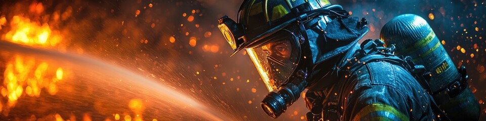 A firefighter is spraying water on a burning building at night