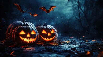 Obraz premium Spooky Halloween Jack o Lanterns with Bats and Smoke in Forest