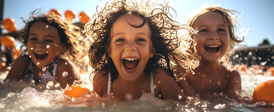 Fiesta de verano en la piscina. Ni&ntilde;os jugando y riendo con amigos en el parque acu&aacute;tico. Concepto de diversion y felicidad