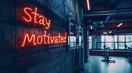 Neon 'stay motivated' sign reflecting on gym walls
