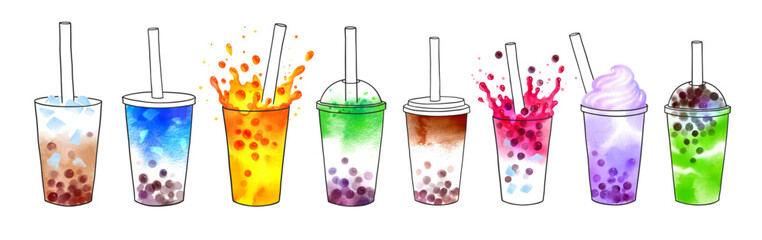 Bubble Tea flavors vector hand drawn watercolor illustrations collection
