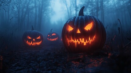 Glowing Jack-o'-lantern in a Foggy Forest at Night