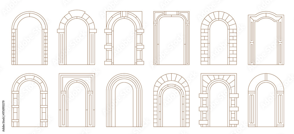 Wall mural boho arch door frames with vector line casing borders of minimal art ornaments. retro archways with 