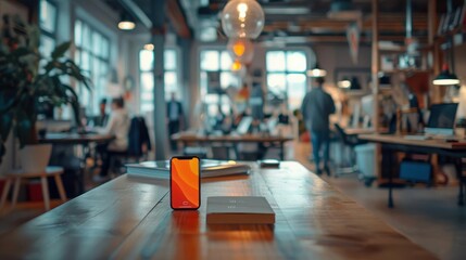 Modern open office space with smartphone on table, blurred background, creative workspace, technology in use.