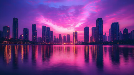 Obraz premium A vibrant pink and purple sunset illuminates a modern city skyline with tall skyscrapers reflected in the water.