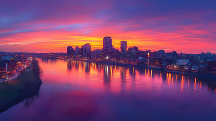 Fototapeta premium A vibrant sunrise casts a colorful glow over a city skyline reflected in a river.